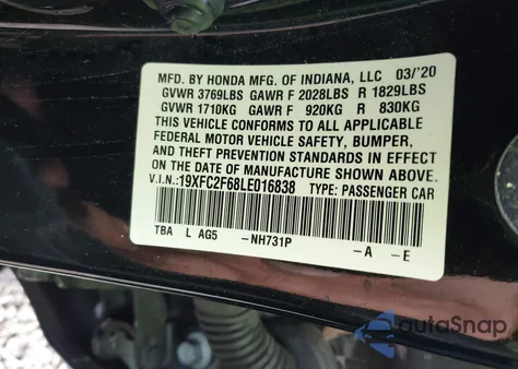 2020 Honda Civic Lx из США, поврежденный, VIN 19XFC2F68LE016838